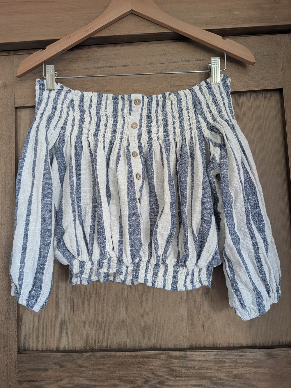 Vintage Havana Blue & White Striped Off-Shoulder Peasant Top